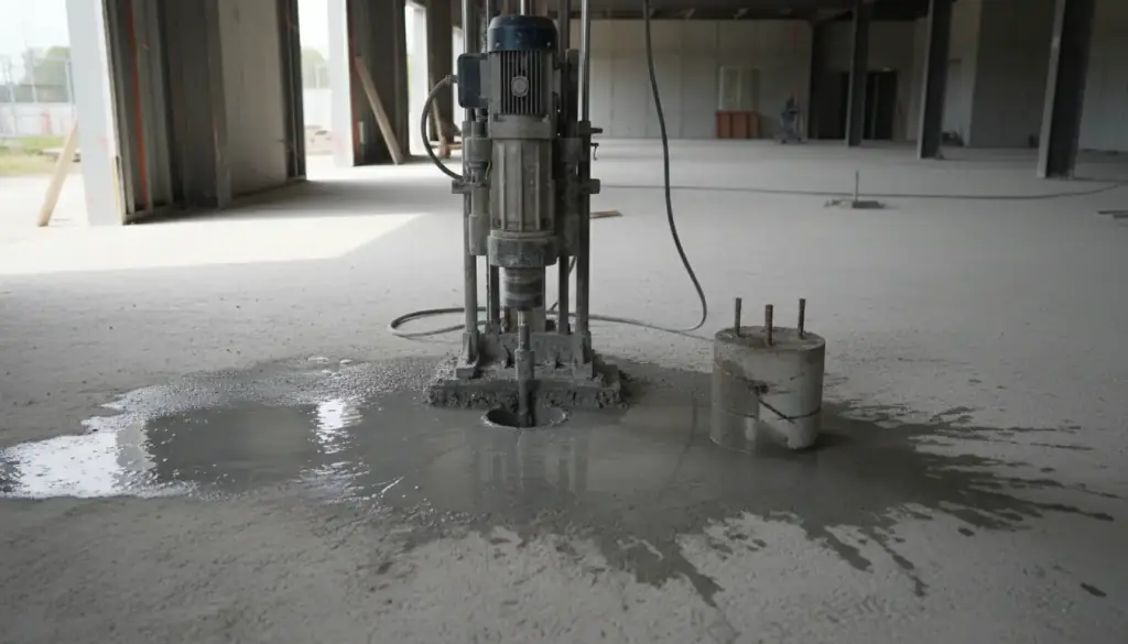Core drill rig bolted to a floor slab with a freshly pulled concrete core beside the wet hole