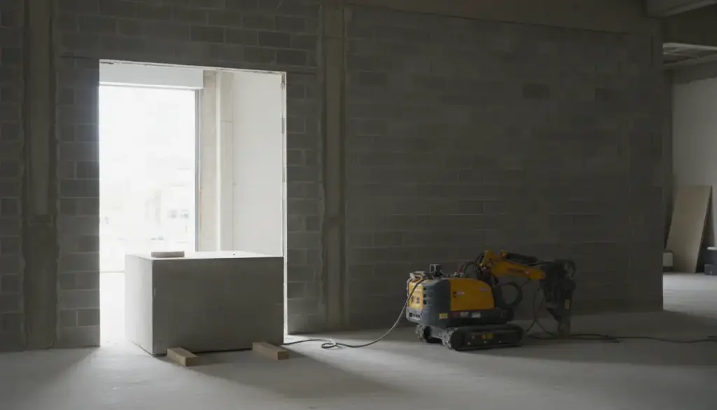 Cleanly sawn rectangular opening in a block wall with the cut-out piece set on timbers beside it