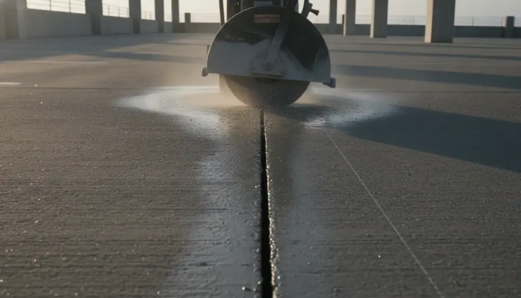 Walk-behind flat saw running a straight wet cut down a long concrete slab in low sun