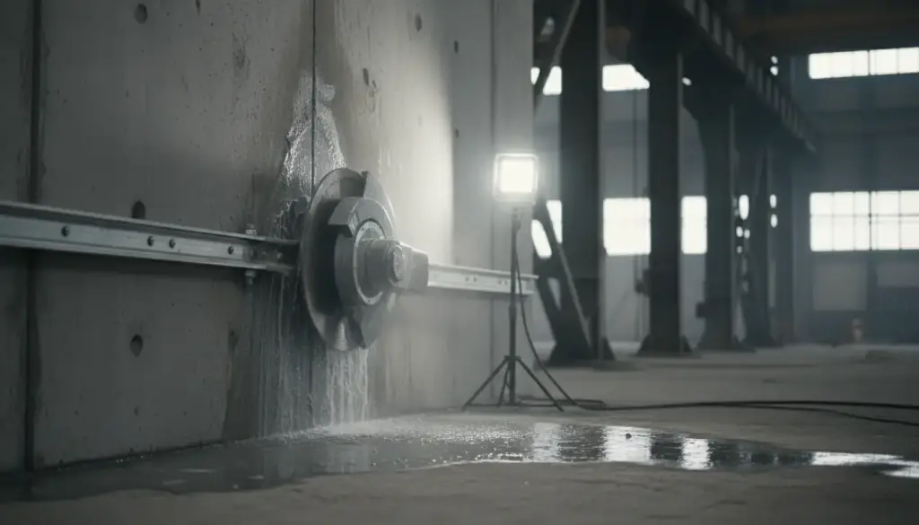 Track-mounted wall saw on its rail cutting through a thick concrete wall with cooling water running down