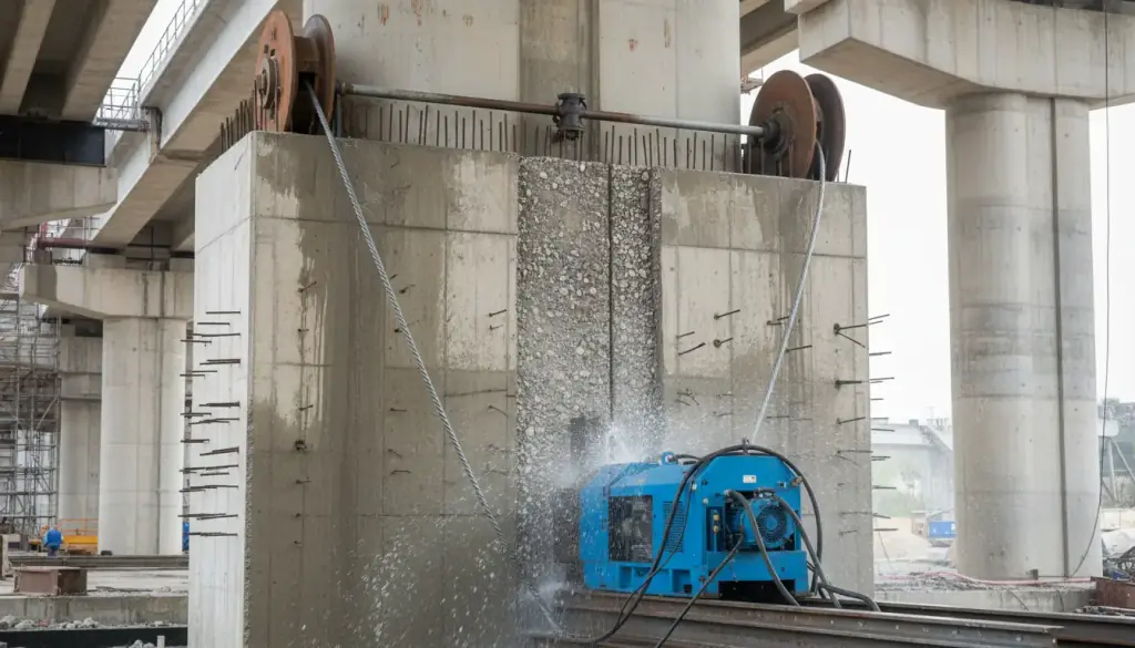 Diamond wire saw looped around a reinforced concrete pier with cooling spray on the wire